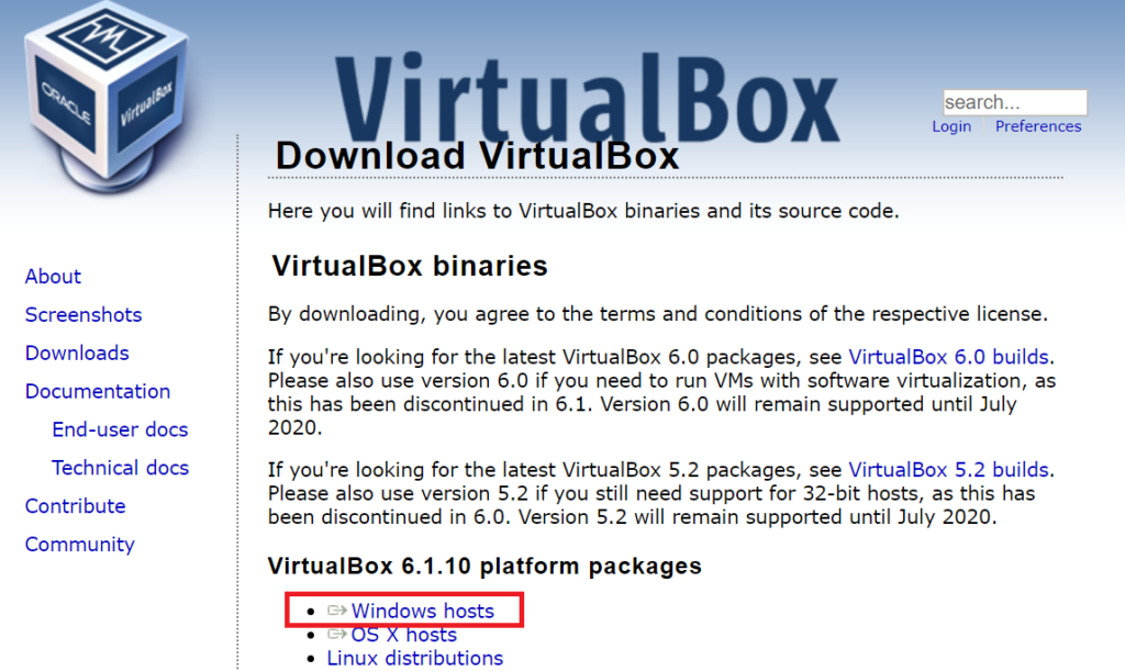 virtualboxのインストーラーをダウンロード